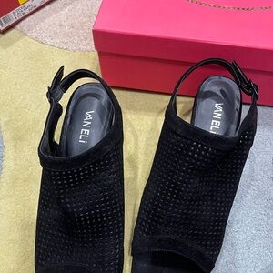 Suede black heels with clear heel